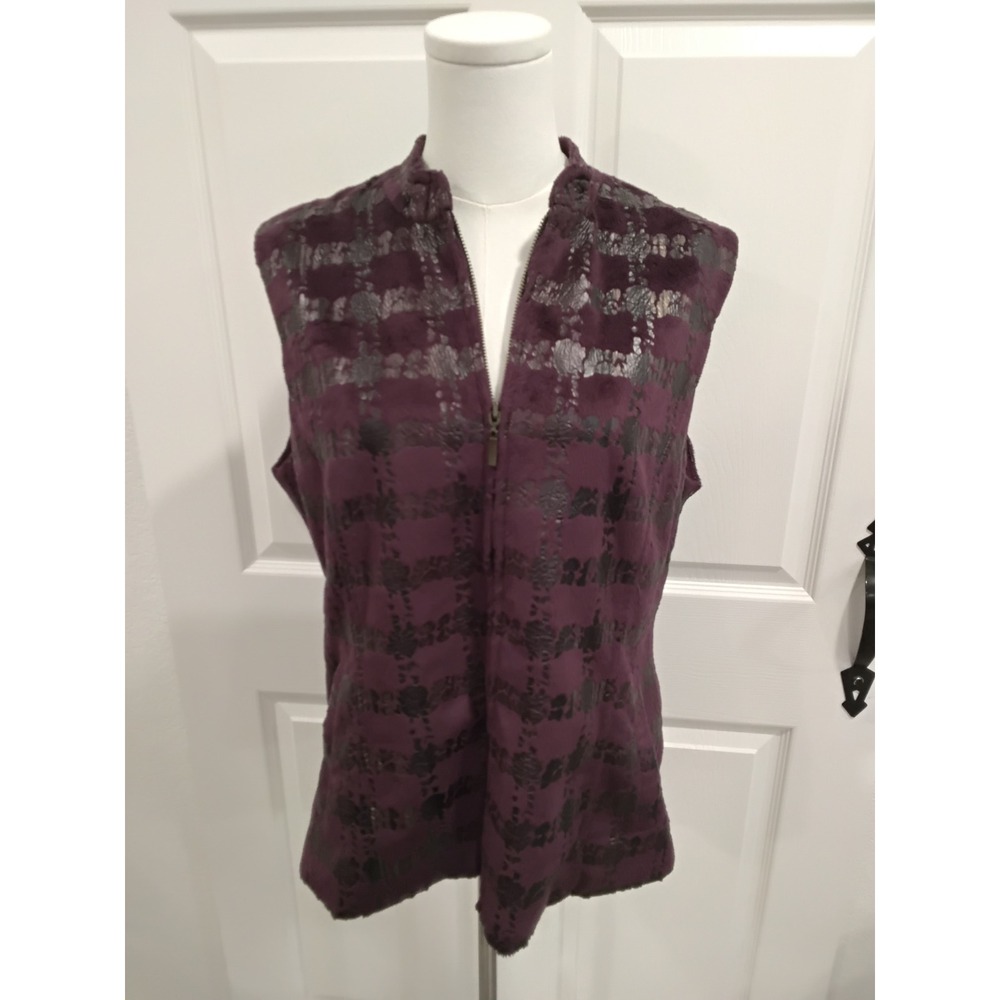 Erin Plaid Textured Zip Front Vest Women's Size M Purple Black Metallic